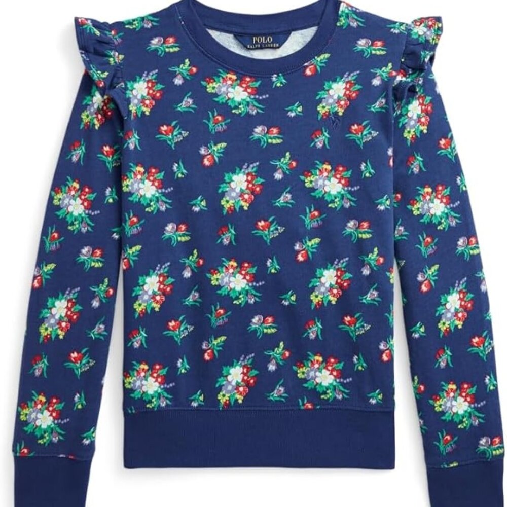 NWT Ralph Lauren Polo Little Girls Floral Ruffled Spa Terry Sweatshirt L Large